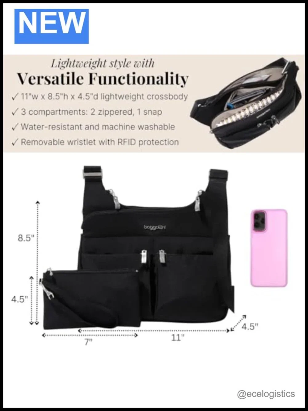 Lightweight Water-resistant Nylon Travel Crossbody Bag with RFID Wristlet,